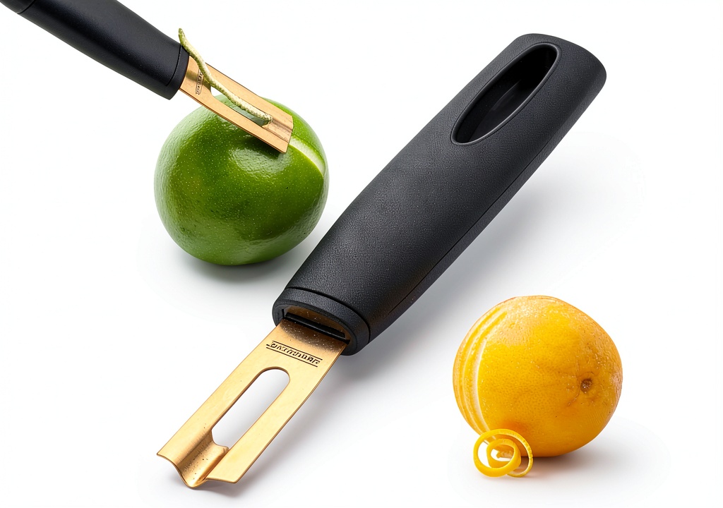 A Bar Above channel knife with gold blade and black handle on a citrus fruit