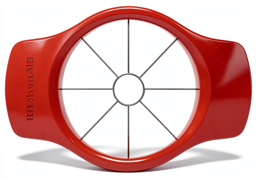KitchenAid fruit slicer in use on a cutting board with apple slices