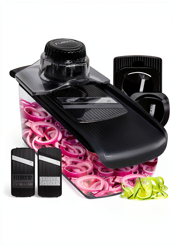 Fullstar Mandoline Slicer with multiple blades and accessories on a counter