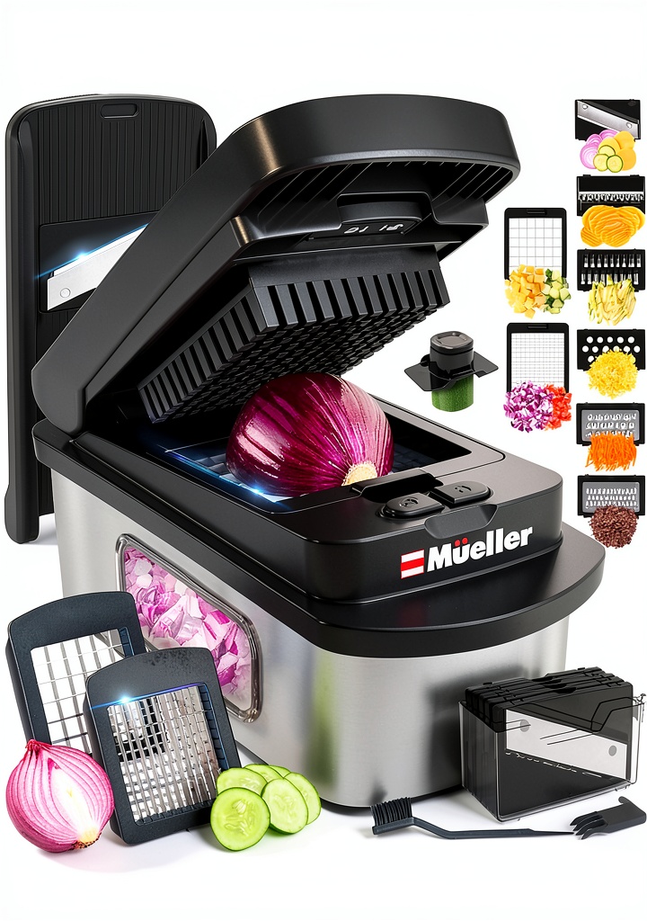 Mueller Mandoline Slicer with multiple blades on a countertop