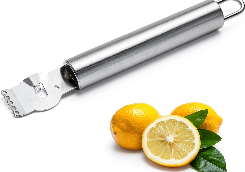 Lxnoap stainless steel lemon zester placed on a wooden kitchen countertop during real‑world testing