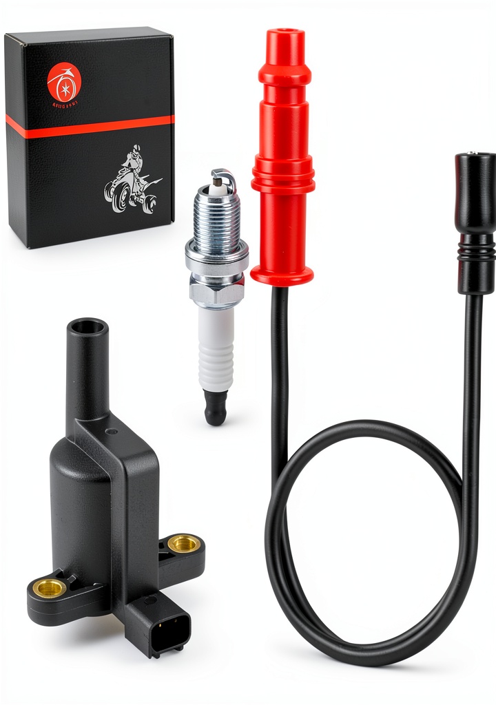 Installing MOTO1988 Ignition Coil for Polaris Ranger 4x4 with Cap and Spark Plug on a wooden workbench