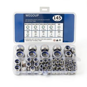 145 PCS Nylon Insert Lock Nuts Assortment Kit, Metric M3-M12, 304 (A2-70) Stainless Steel Lock Nuts, Hex Nut Set for Industrial and Home Use-0