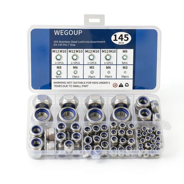 145 PCS Nylon Insert Lock Nuts Assortment Kit, Metric M3-M12, 304 (A2-70) Stainless Steel Lock Nuts, Hex Nut Set for Industrial and Home Use-0