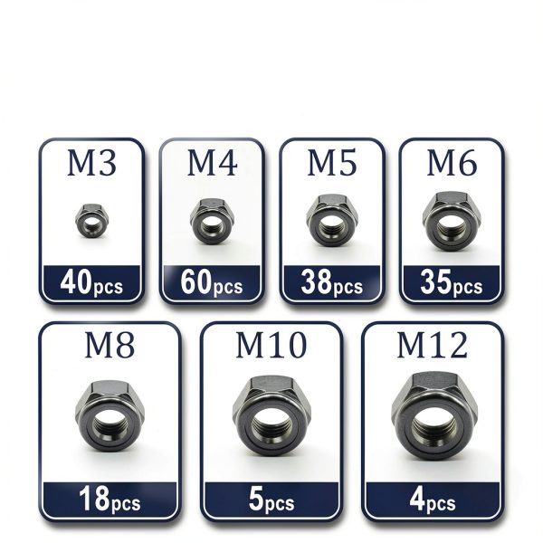 ZQZ 180 Pack Black Locknuts Assortment Kit, M3 M4 M5 M6 M8 M10 M12 Metric Black Nylon Insert Lock Nuts Set, 304 Stainless Steel Standard Threaded Nylock Nuts-1