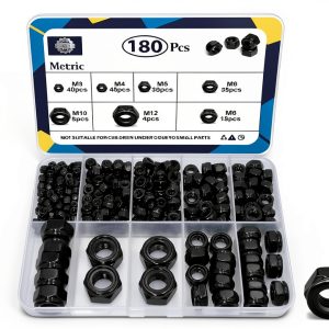 ZQZ 180 Pack Black Locknuts Assortment Kit, M3 M4 M5 M6 M8 M10 M12 Metric Black Nylon Insert Lock Nuts Set, 304 Stainless Steel Standard Threaded Nylock Nuts-0