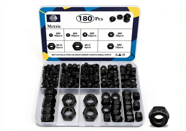 ZQZ 180 Pack Black Locknuts Assortment Kit, M3 M4 M5 M6 M8 M10 M12 Metric Black Nylon Insert Lock Nuts Set, 304 Stainless Steel Standard Threaded Nylock Nuts-0